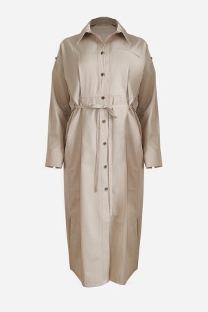 Belted Button-Down Shirt Dress Beige