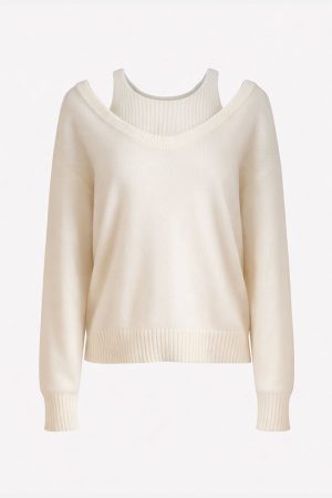 Layered Scoop Neck Knit Sweater Beige