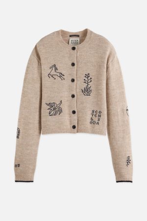 Embroidered Crew Neck Cardigan Oatmeal  Melange