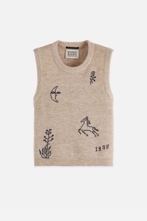 Embroidered Crew Neck Knitted Vest Oatmeal  Melange