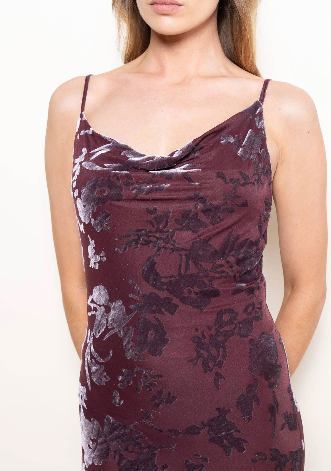 Cowl Neck Maxi Dress With Asymmetrical Mermaid Bottom Burgundy - Image 4