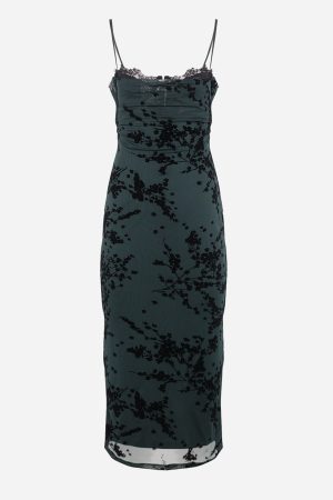 Spaghetti Bra Cup Mesh Velvet Burn Out Midi Dress Spruce/Black