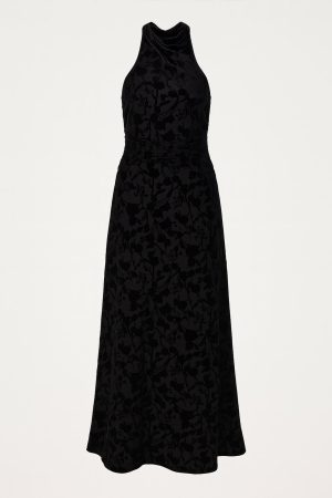 Velvet Detail Rutched Waist Halter Back Sleeveless Maxi Dress Dark Navy