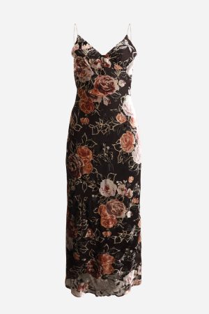 Velvet Floral Maxi Dress With Rhinestone Strap Black Floral
