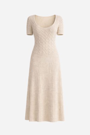 Low Scoop Neckline Cable Midi Sweater Dress Oatmeal