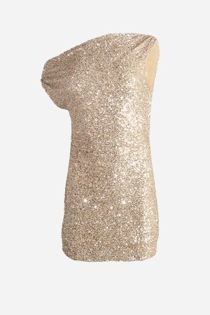 Sequin Asymmetric Shoulder Mini Dress Champagne