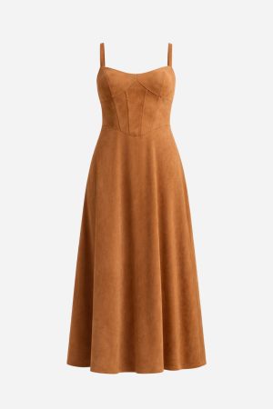 Suede Bustier Corset Flare Midi Dress Camel