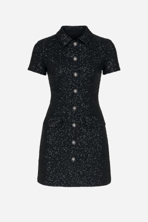 Sequin Knit Polo Mini Dress Black