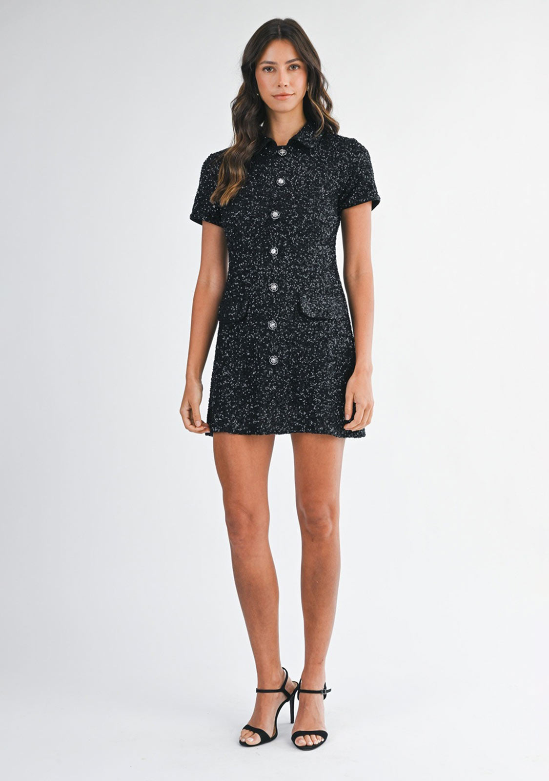 Sequin Knit Polo Mini Dress Black - Image 2