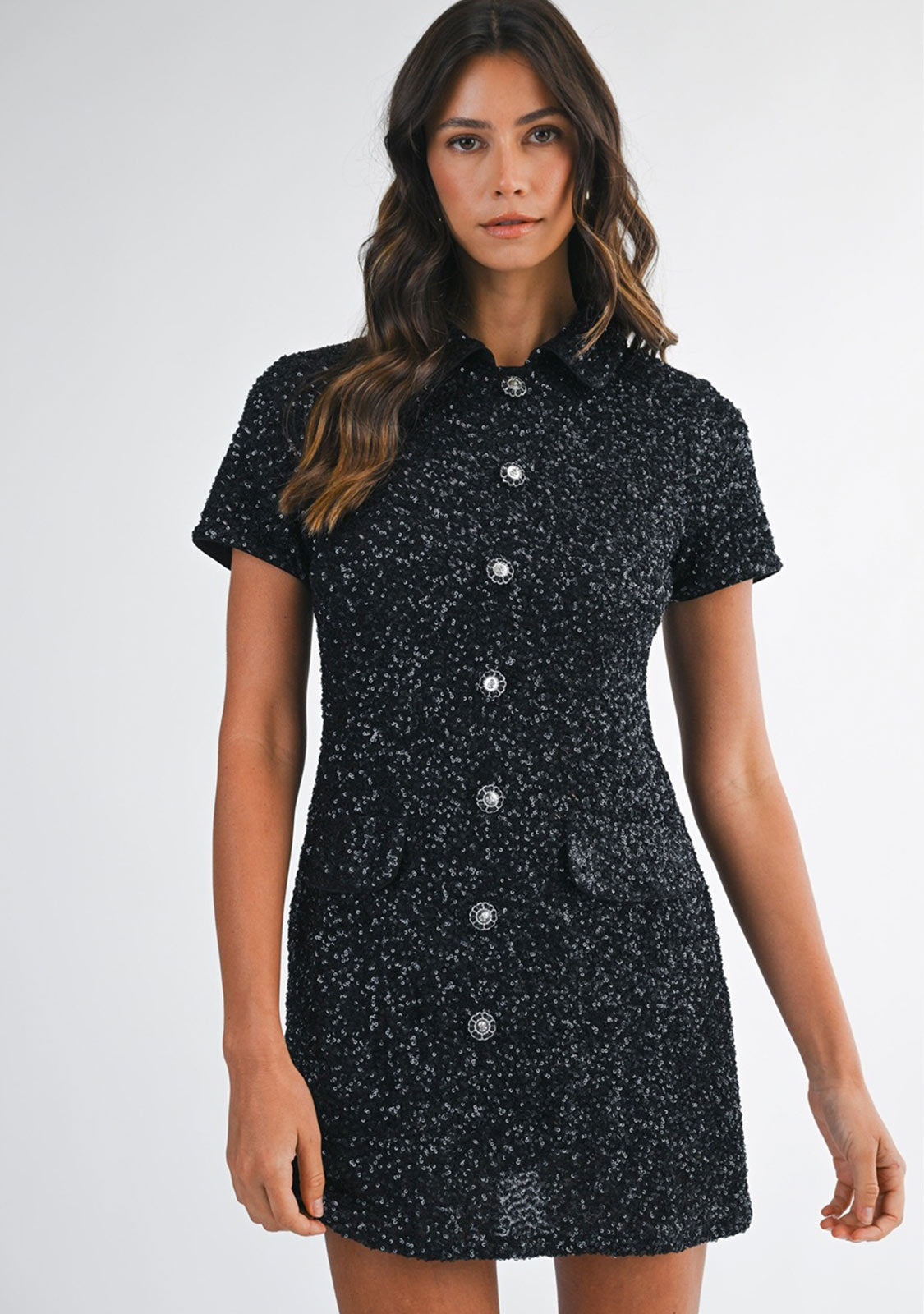 Sequin Knit Polo Mini Dress Black - Image 3