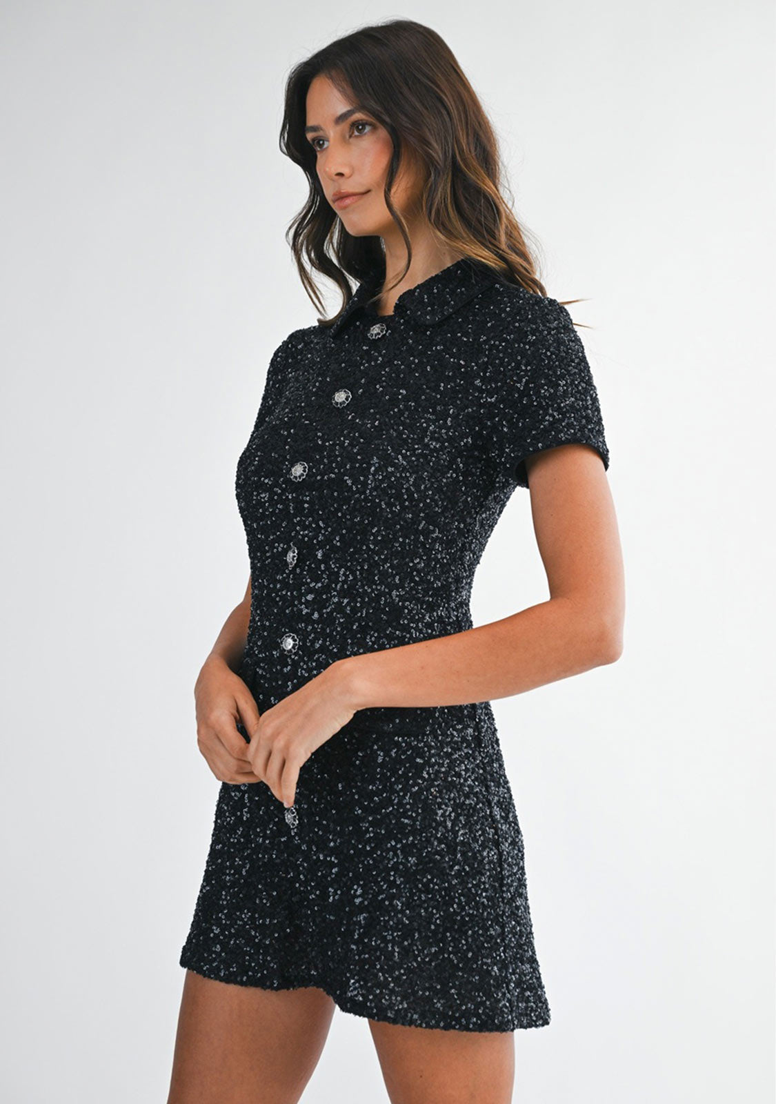 Sequin Knit Polo Mini Dress Black - Image 4