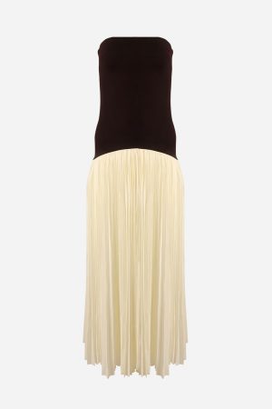 Strapless Dropped Waist Pleated Maxi Dress Cream
