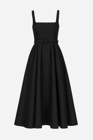 Waist Belted Fit And Flare Textured Satin Midi Dress Black