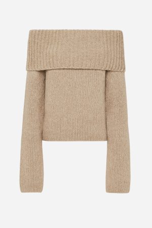 Button Back With Big Collar Sweater Top Brown