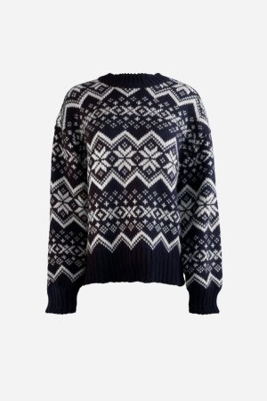 Snow Flake Pattern Round Neck Sweater Top Navy