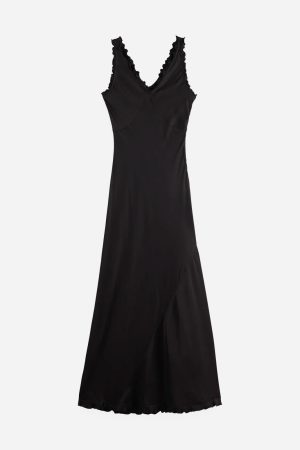 Maxi Slip Dress With Ruffled Edges Meteorite